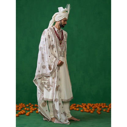 KALPRAAG Kathakali Ivory Sherwani with Anarkali with Churidar, Dupatta and Belt, Safa Fabric