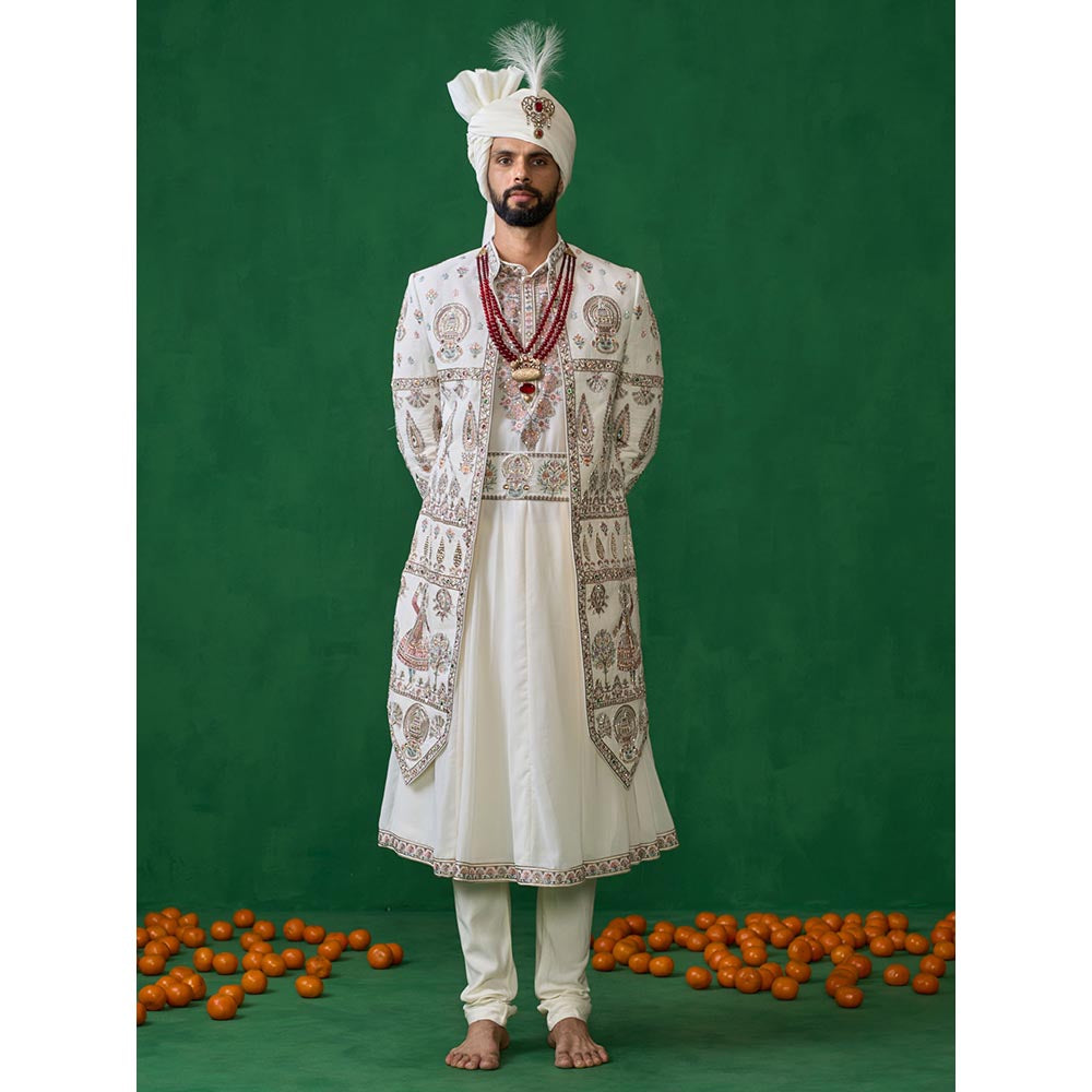 KALPRAAG Kathakali Ivory Sherwani with Anarkali with Churidar, Dupatta and Belt, Safa Fabric