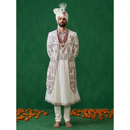 KALPRAAG Kathakali Ivory Sherwani with Anarkali with Churidar, Dupatta and Belt, Safa Fabric