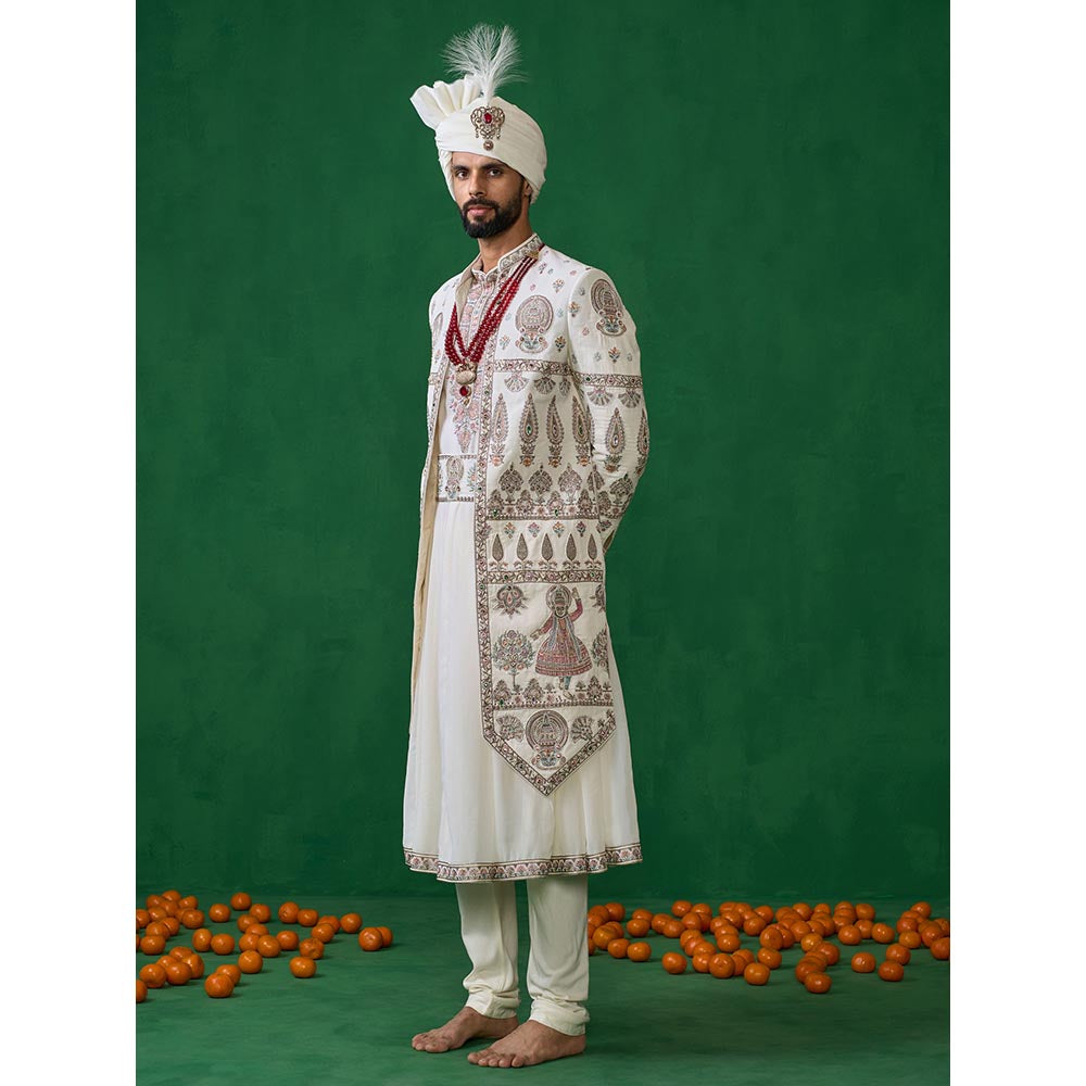 KALPRAAG Kathakali Ivory Sherwani with Anarkali with Churidar, Dupatta and Belt, Safa Fabric