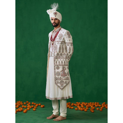 KALPRAAG Kathakali Ivory Sherwani with Anarkali with Churidar, Dupatta and Belt, Safa Fabric