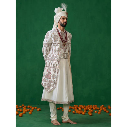 KALPRAAG Kathakali Ivory Sherwani with Anarkali with Churidar, Dupatta and Belt, Safa Fabric