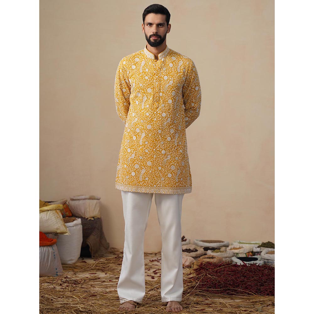 KALPRAAG Yellow Samar Cut Dana Haldi Short Kurta with Pant