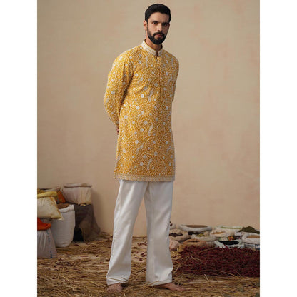 KALPRAAG Yellow Samar Cut Dana Haldi Short Kurta with Pant