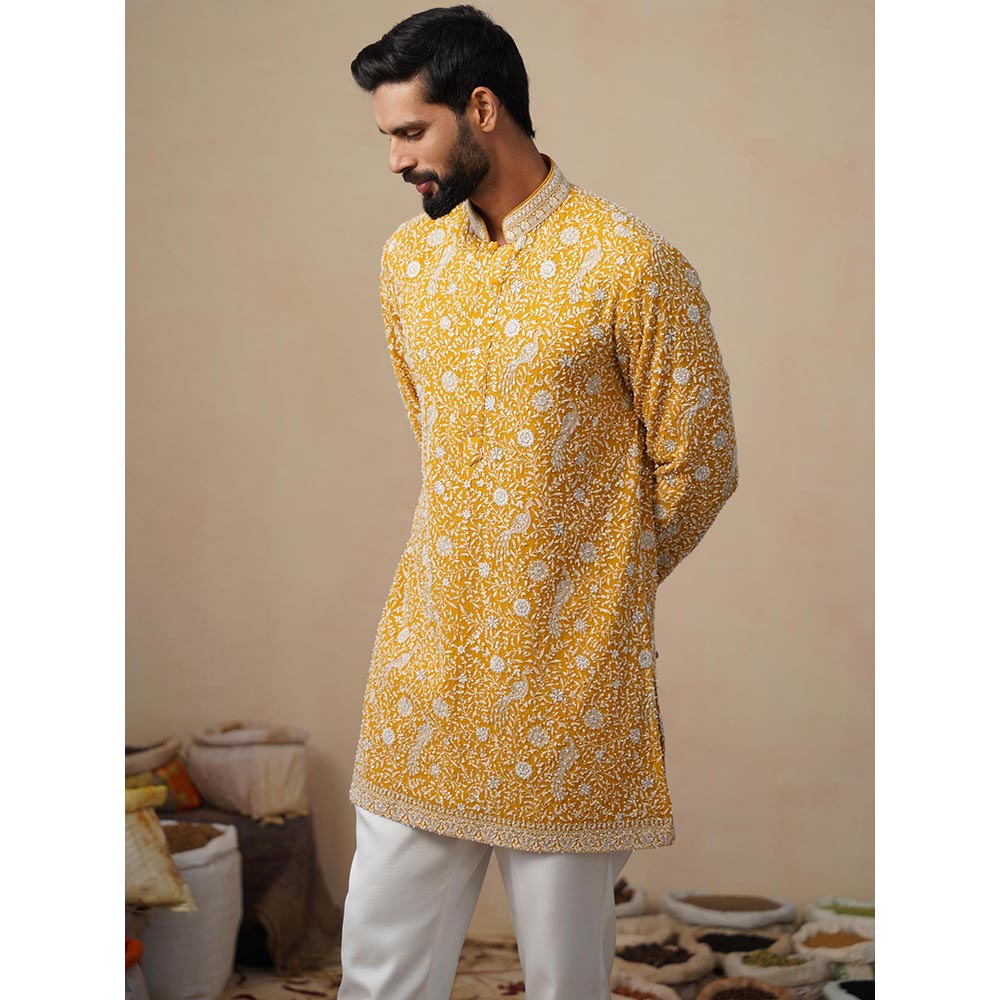 KALPRAAG Yellow Samar Cut Dana Haldi Short Kurta with Pant