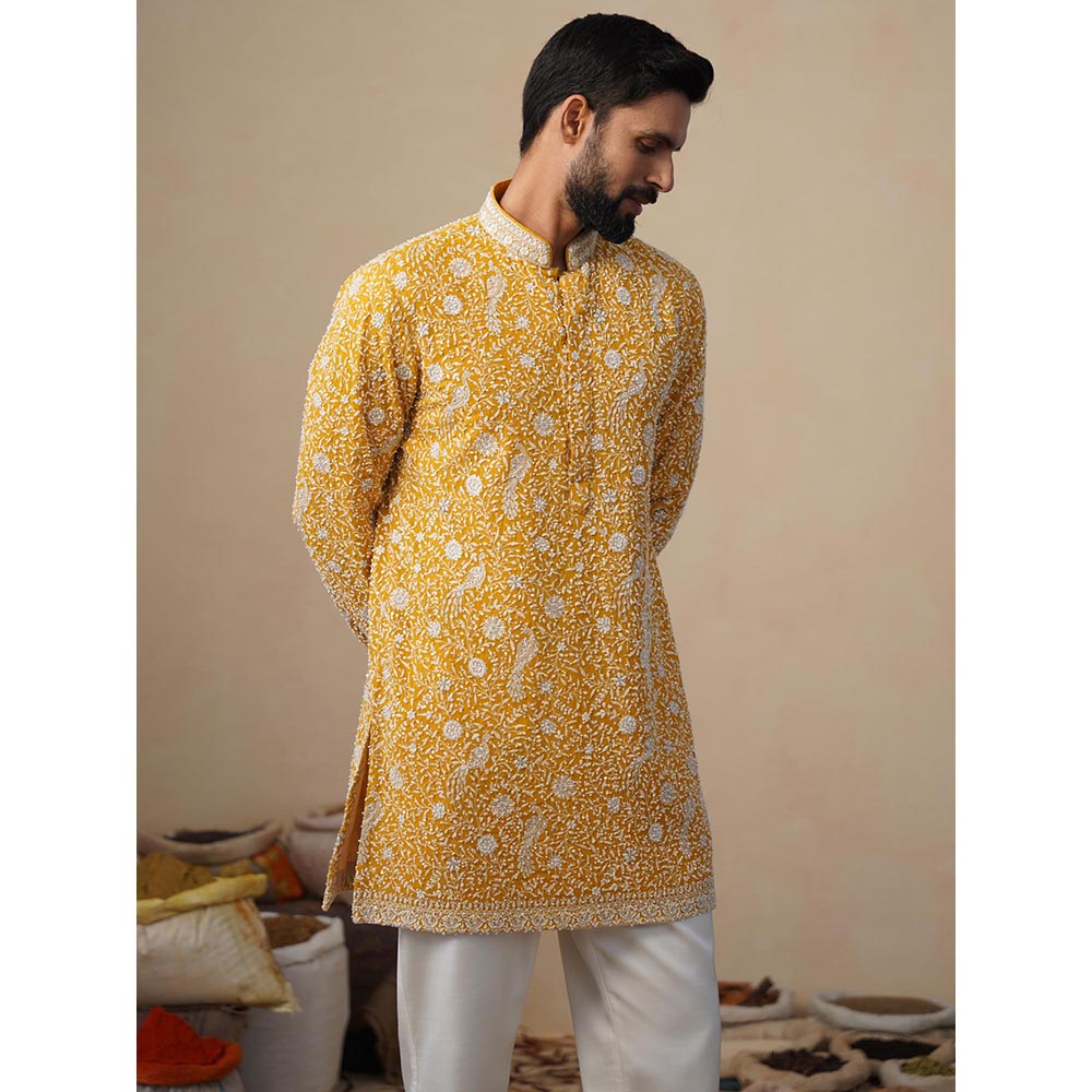 KALPRAAG Yellow Samar Cut Dana Haldi Short Kurta with Pant