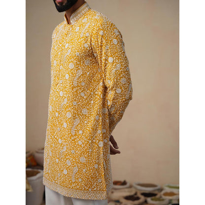 KALPRAAG Yellow Samar Cut Dana Haldi Short Kurta with Pant
