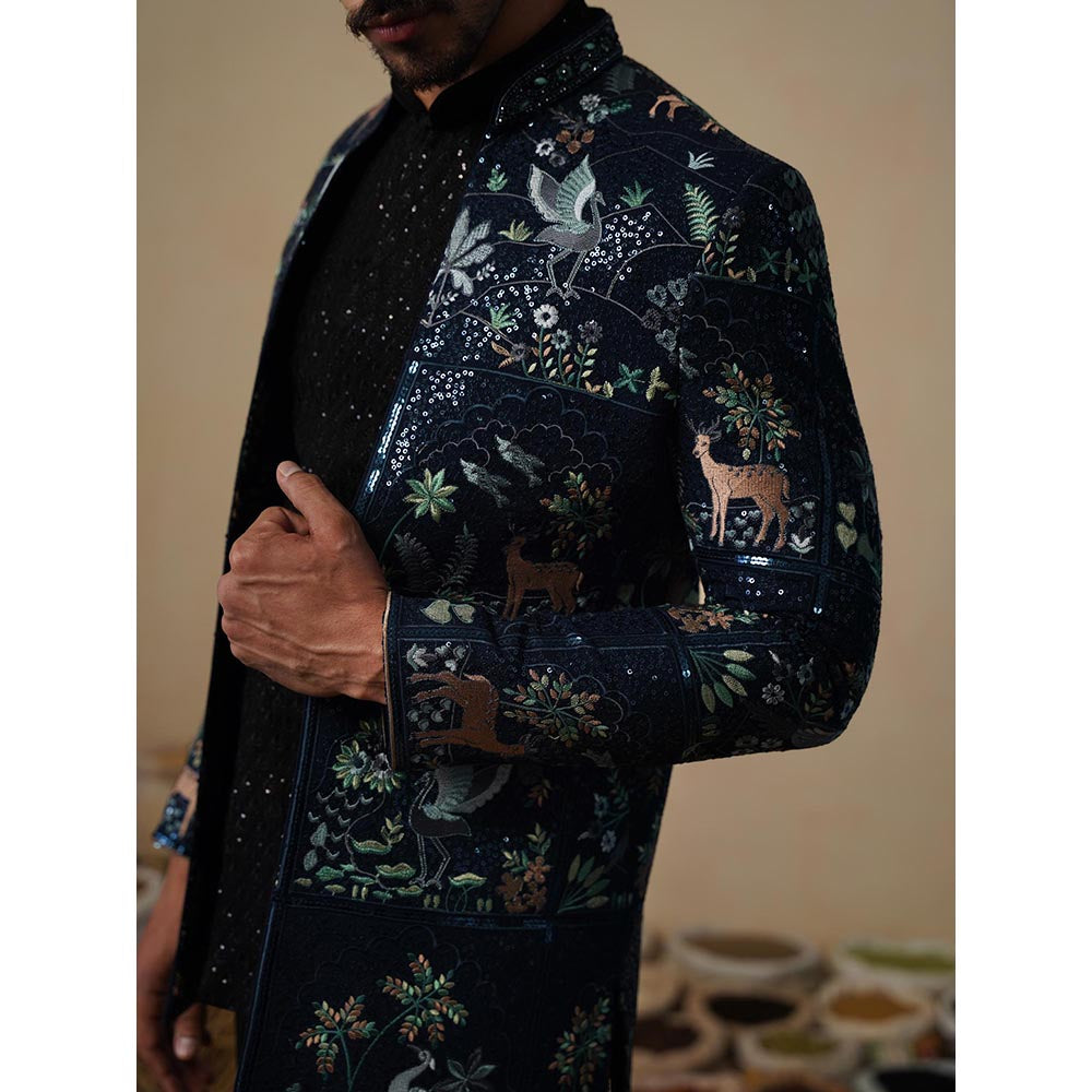 KALPRAAG Prabal Navy Blue Jodhpuri Jacket with Shirt and Trouser