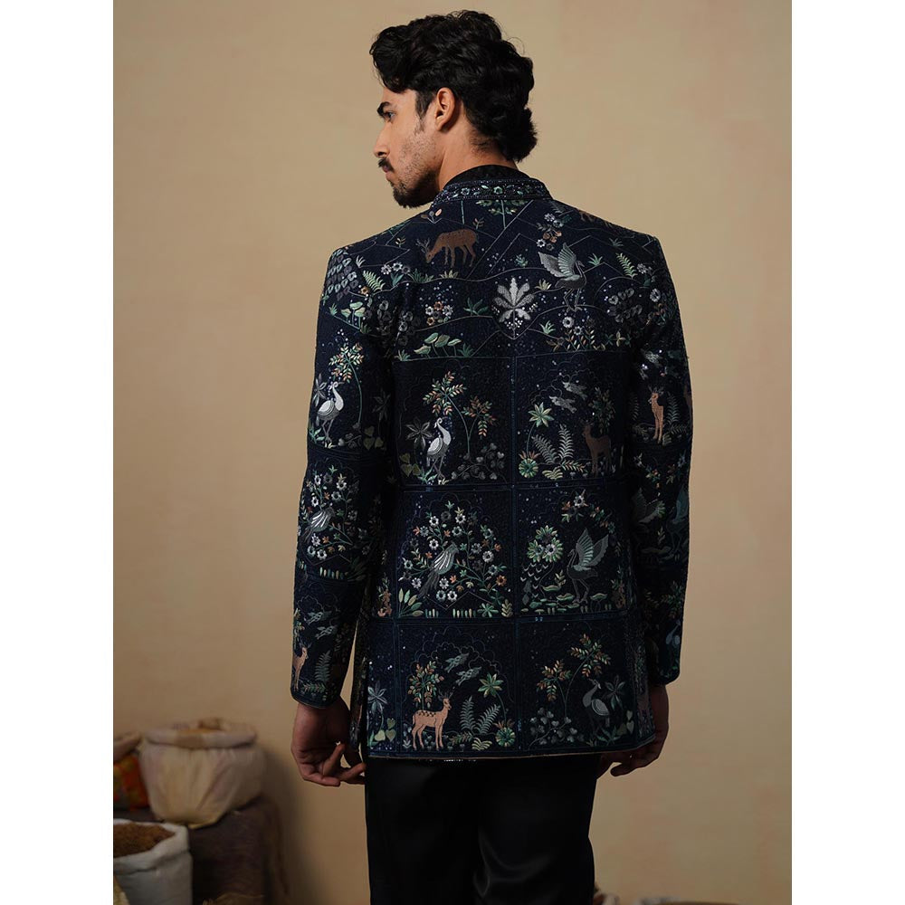 KALPRAAG Prabal Navy Blue Jodhpuri Jacket with Shirt and Trouser
