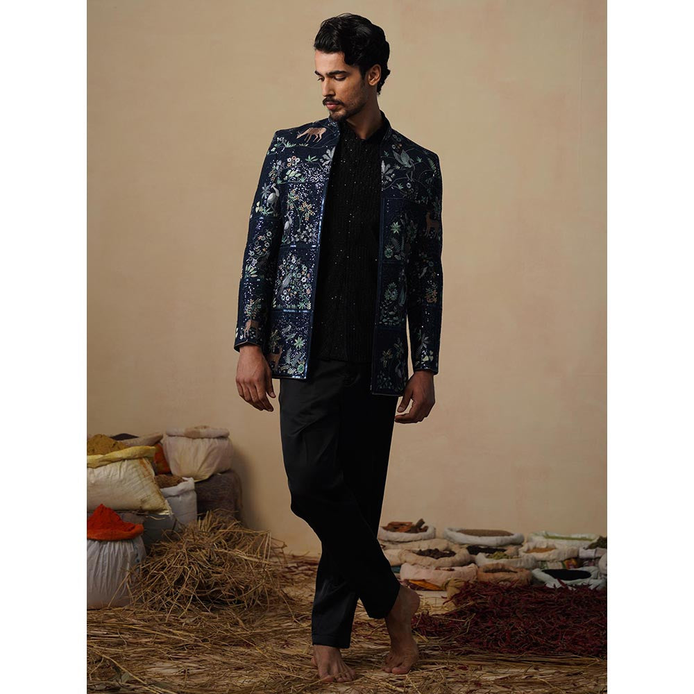 KALPRAAG Prabal Navy Blue Jodhpuri Jacket with Shirt and Trouser