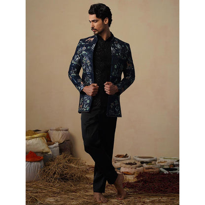 KALPRAAG Prabal Navy Blue Jodhpuri Jacket with Shirt and Trouser