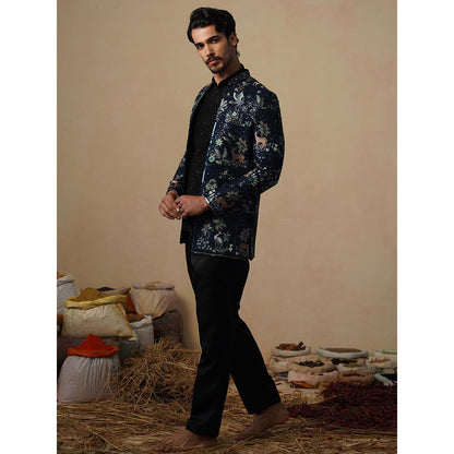 KALPRAAG Prabal Navy Blue Jodhpuri Jacket with Shirt and Trouser