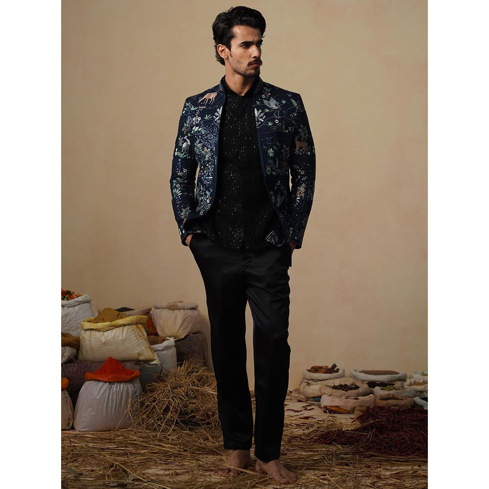 KALPRAAG Prabal Navy Blue Jodhpuri Jacket with Shirt and Trouser