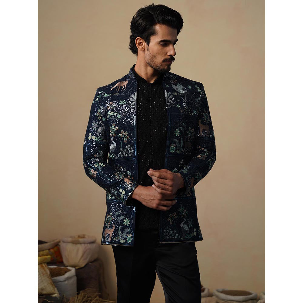 KALPRAAG Prabal Navy Blue Jodhpuri Jacket with Shirt and Trouser