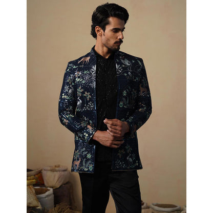 KALPRAAG Prabal Navy Blue Jodhpuri Jacket with Shirt and Trouser