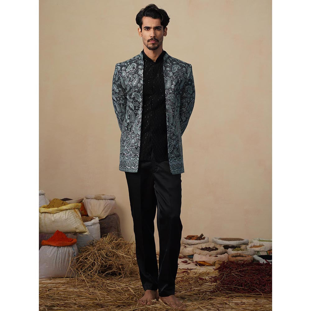 KALPRAAG Turquoise Sitara Ferozi Jodhpuri Jacket with Shirt and Trouser
