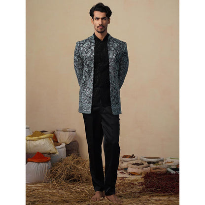 KALPRAAG Turquoise Sitara Ferozi Jodhpuri Jacket with Shirt and Trouser