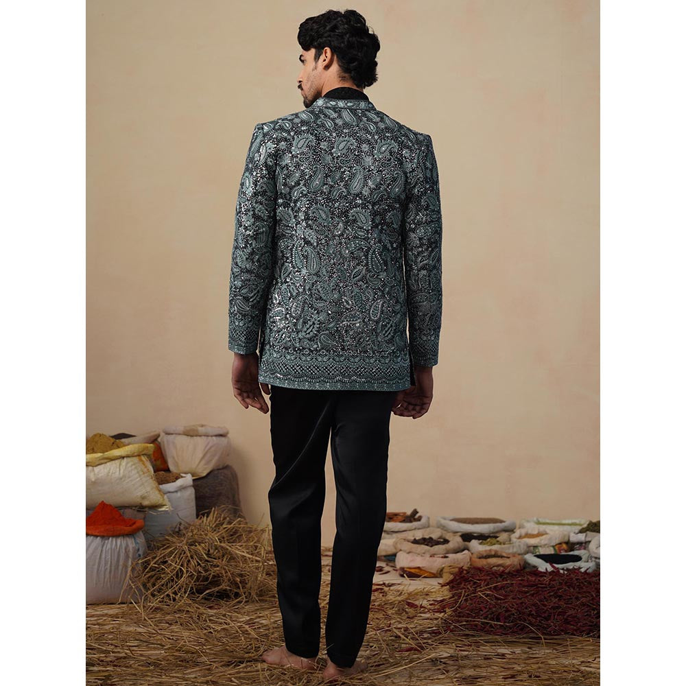 KALPRAAG Turquoise Sitara Ferozi Jodhpuri Jacket with Shirt and Trouser