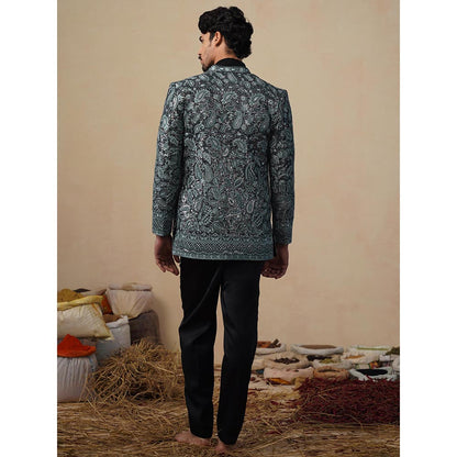 KALPRAAG Turquoise Sitara Ferozi Jodhpuri Jacket with Shirt and Trouser