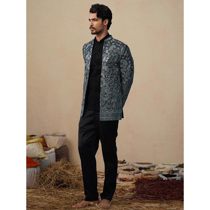 KALPRAAG Turquoise Sitara Ferozi Jodhpuri Jacket with Shirt and Trouser