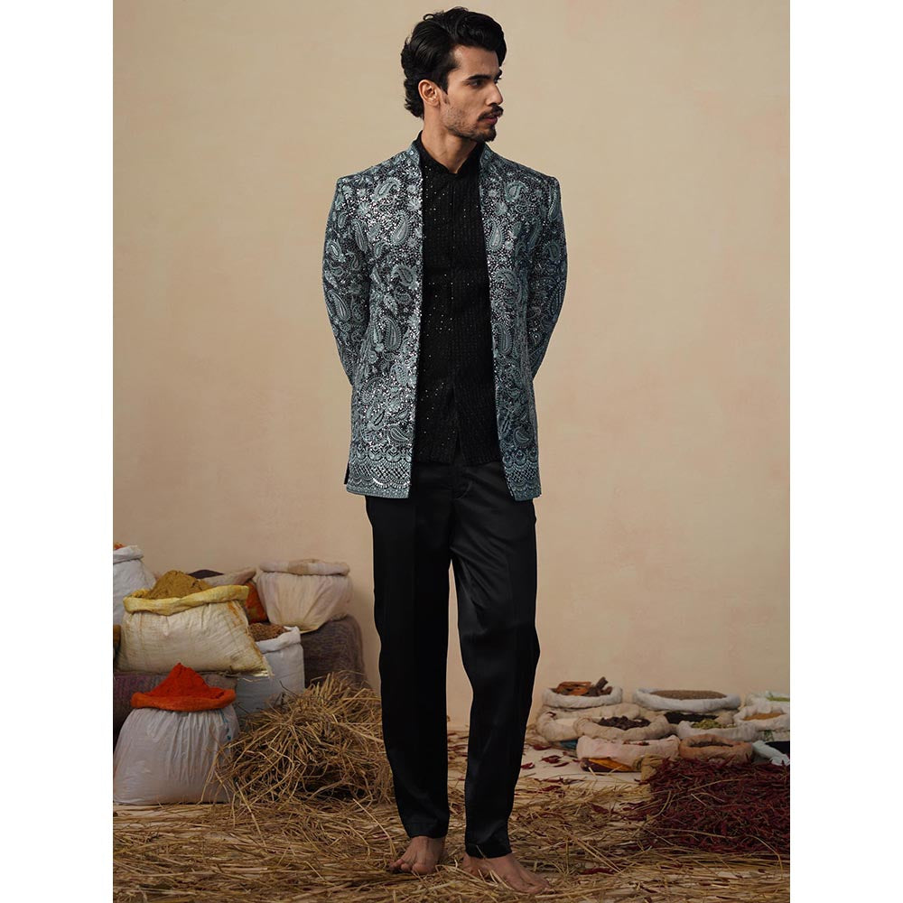 KALPRAAG Turquoise Sitara Ferozi Jodhpuri Jacket with Shirt and Trouser