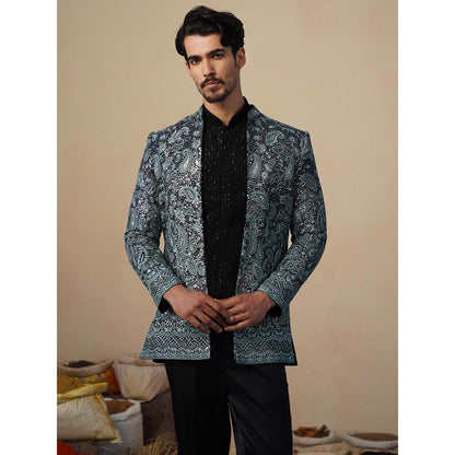 KALPRAAG Turquoise Sitara Ferozi Jodhpuri Jacket with Shirt and Trouser