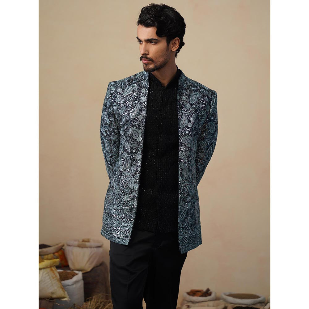 KALPRAAG Turquoise Sitara Ferozi Jodhpuri Jacket with Shirt and Trouser