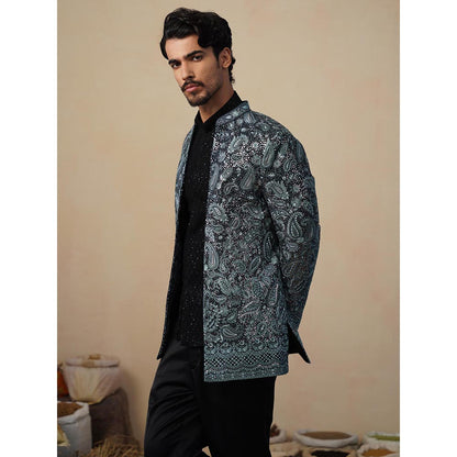 KALPRAAG Turquoise Sitara Ferozi Jodhpuri Jacket with Shirt and Trouser