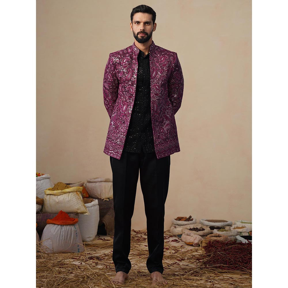 KALPRAAG Sitara Wine Jodhpuri Jacket with Shirt and Trouser