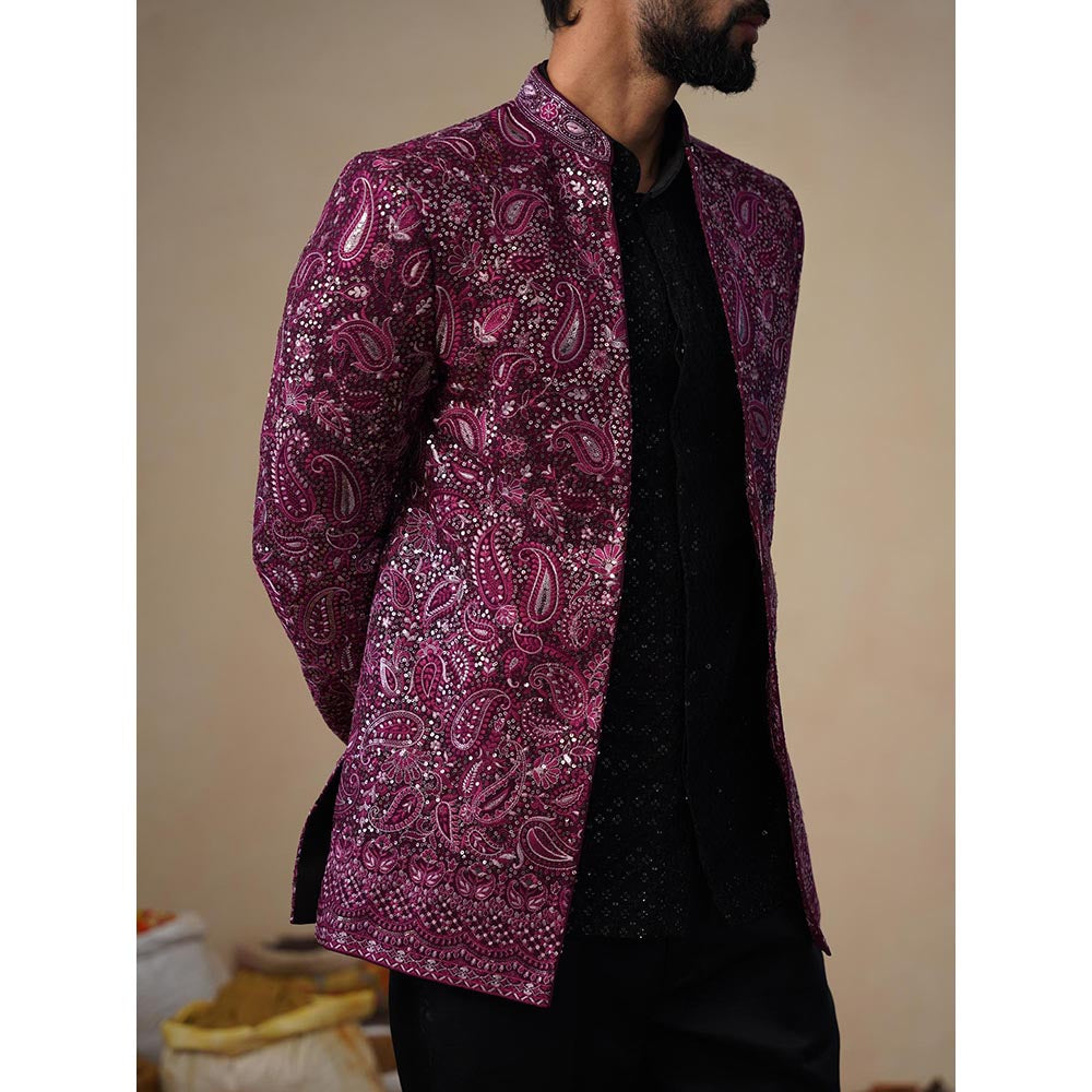 KALPRAAG Sitara Wine Jodhpuri Jacket with Shirt and Trouser