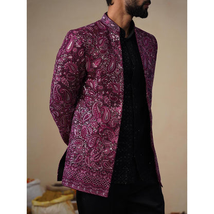 KALPRAAG Sitara Wine Jodhpuri Jacket with Shirt and Trouser