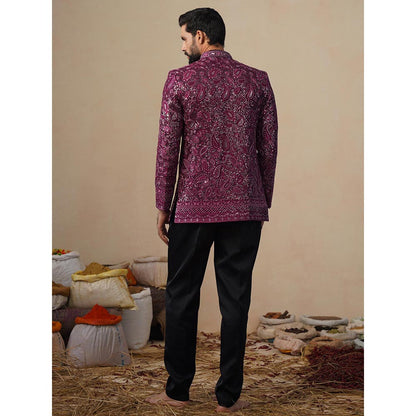KALPRAAG Sitara Wine Jodhpuri Jacket with Shirt and Trouser