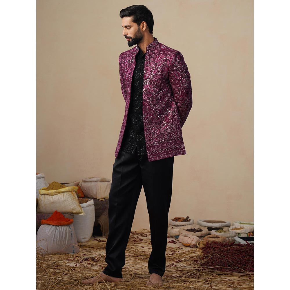 KALPRAAG Sitara Wine Jodhpuri Jacket with Shirt and Trouser