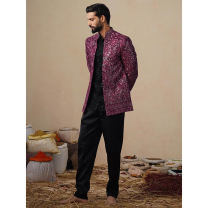 KALPRAAG Sitara Wine Jodhpuri Jacket with Shirt and Trouser