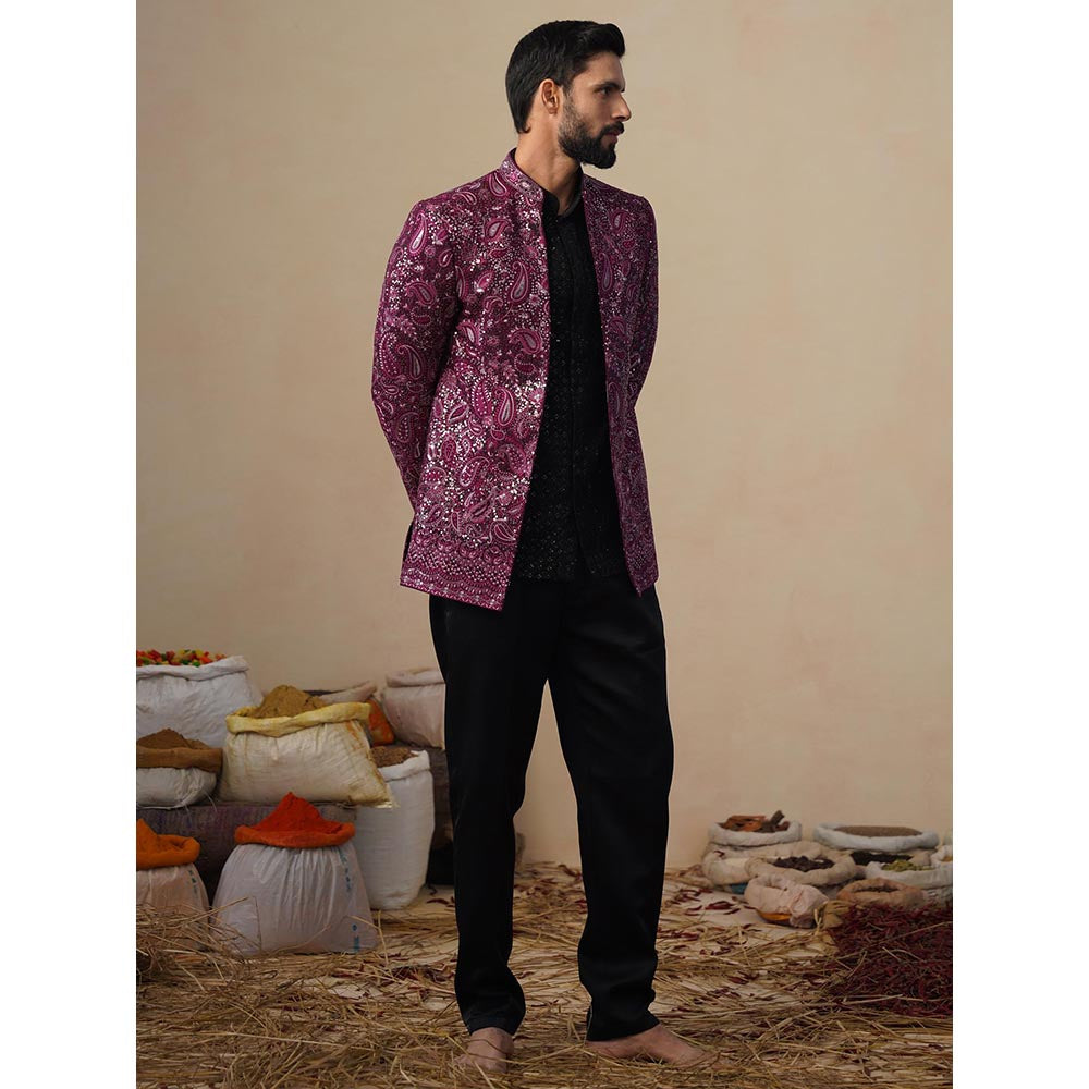 KALPRAAG Sitara Wine Jodhpuri Jacket with Shirt and Trouser