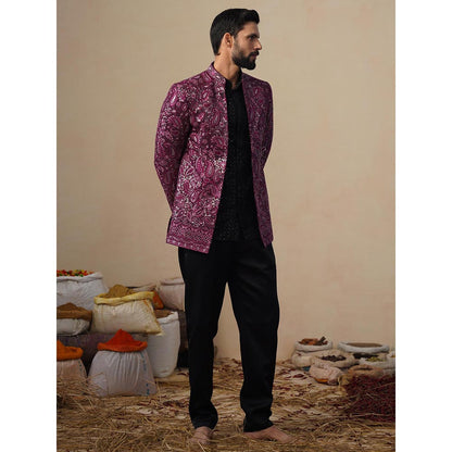KALPRAAG Sitara Wine Jodhpuri Jacket with Shirt and Trouser
