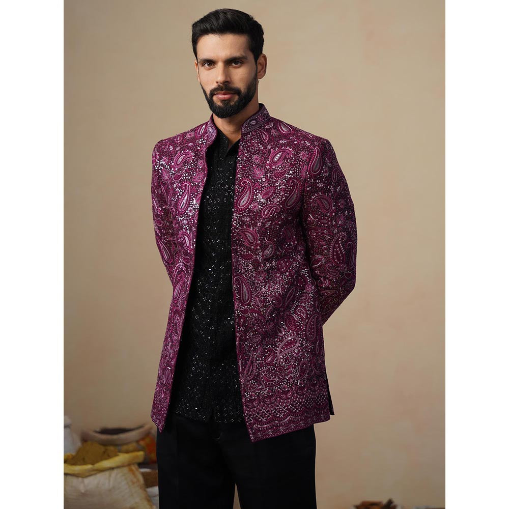 KALPRAAG Sitara Wine Jodhpuri Jacket with Shirt and Trouser