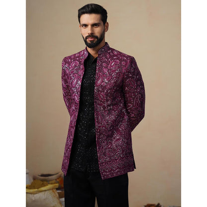 KALPRAAG Sitara Wine Jodhpuri Jacket with Shirt and Trouser