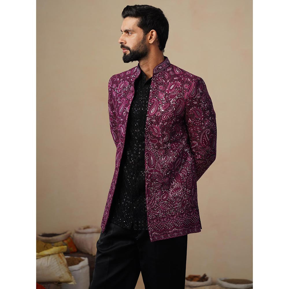 KALPRAAG Sitara Wine Jodhpuri Jacket with Shirt and Trouser
