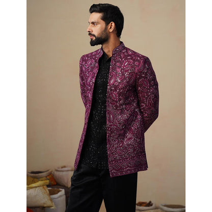 KALPRAAG Sitara Wine Jodhpuri Jacket with Shirt and Trouser