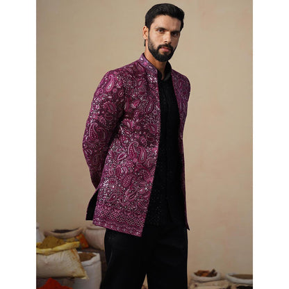 KALPRAAG Sitara Wine Jodhpuri Jacket with Shirt and Trouser