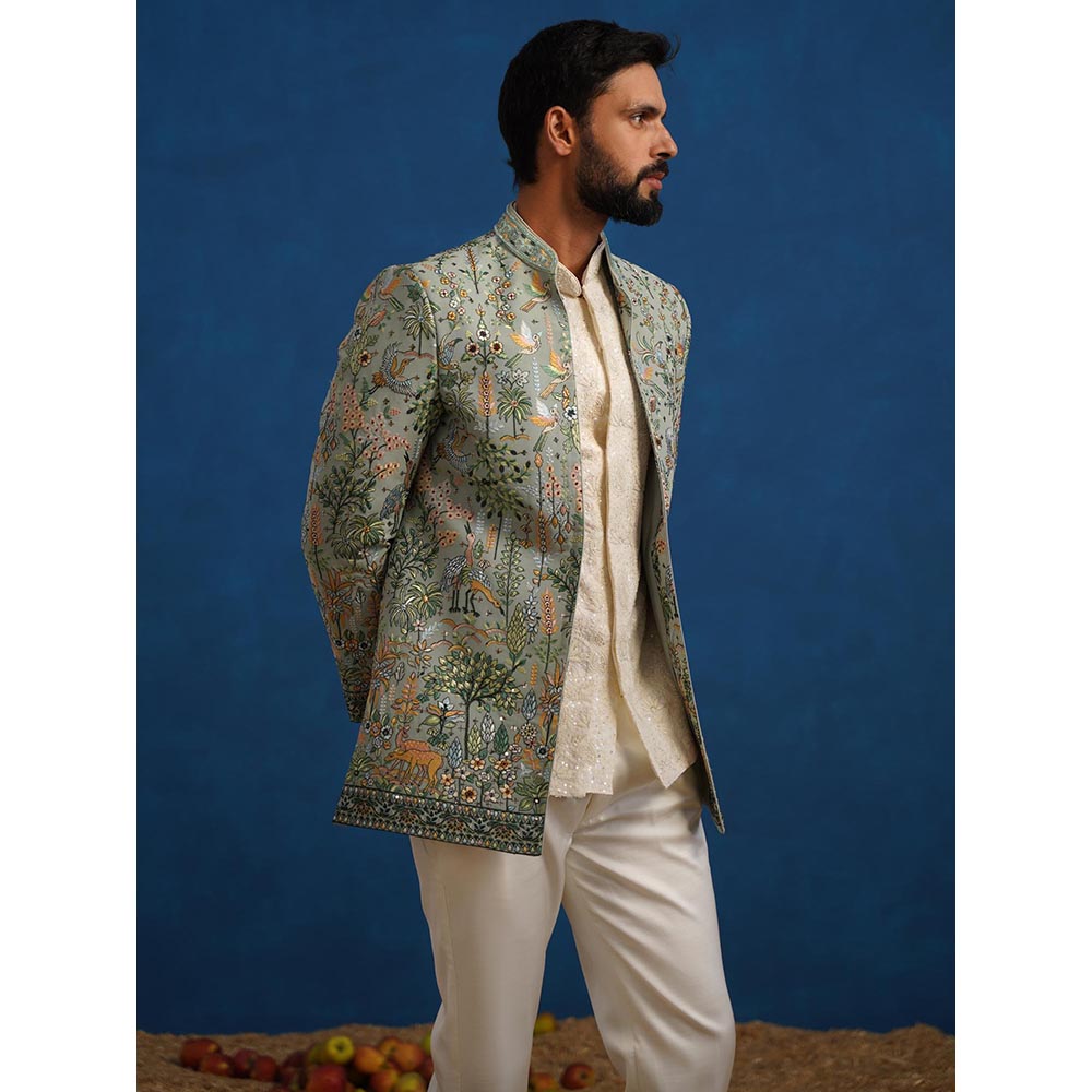 KALPRAAG Parind Green Jodhpuri Jacket with Shirt and Trouser