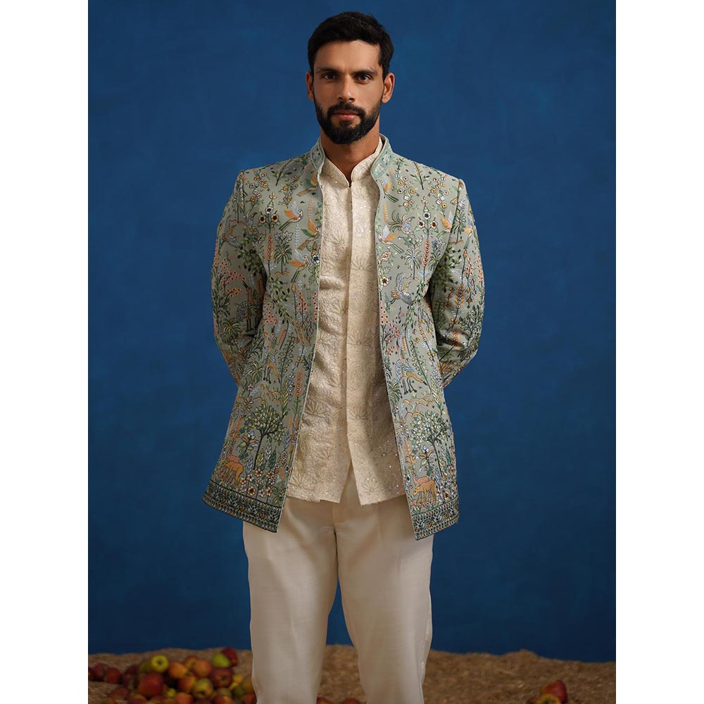 KALPRAAG Parind Green Jodhpuri Jacket with Shirt and Trouser