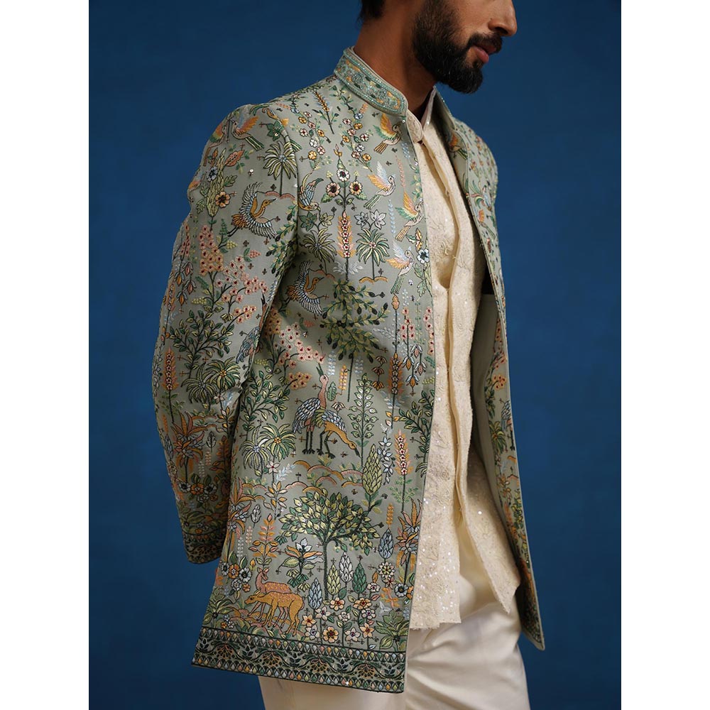 KALPRAAG Parind Green Jodhpuri Jacket with Shirt and Trouser