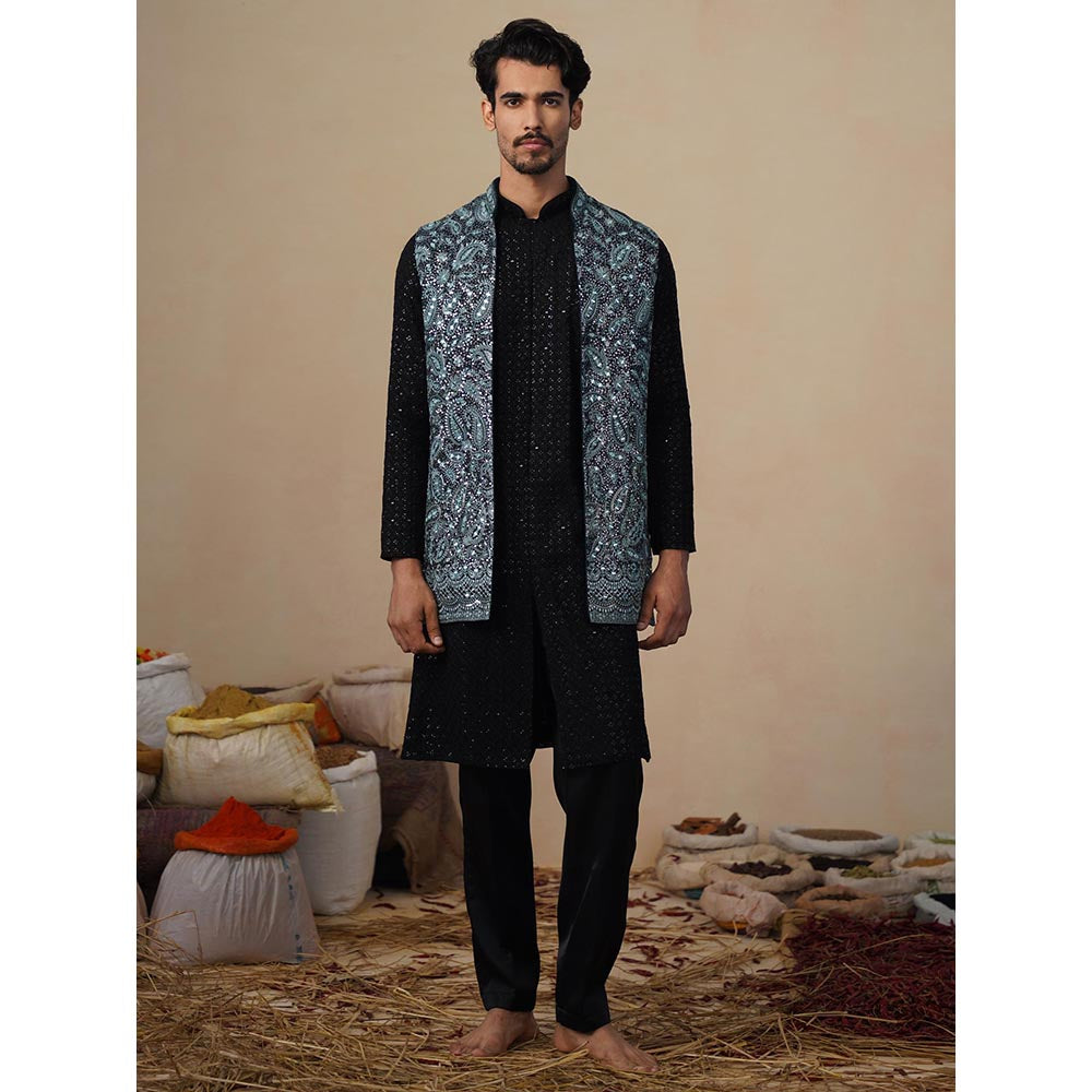 KALPRAAG Turquoise Sitara Ferozi Kurta with Nehru Jacket and Pant