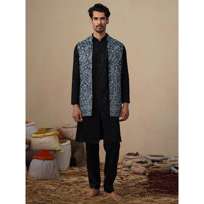KALPRAAG Turquoise Sitara Ferozi Kurta with Nehru Jacket and Pant