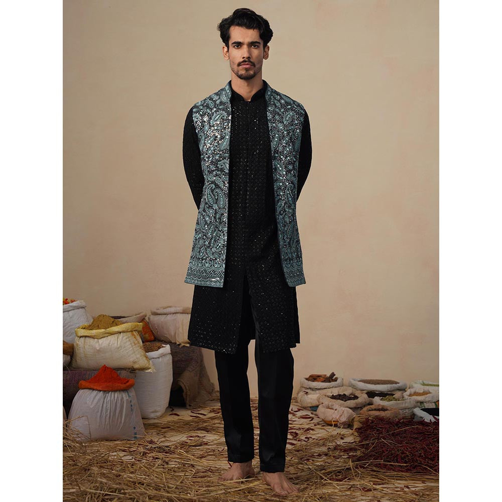 KALPRAAG Turquoise Sitara Ferozi Kurta with Nehru Jacket and Pant
