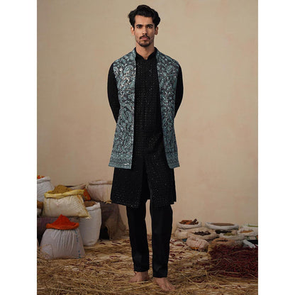 KALPRAAG Turquoise Sitara Ferozi Kurta with Nehru Jacket and Pant