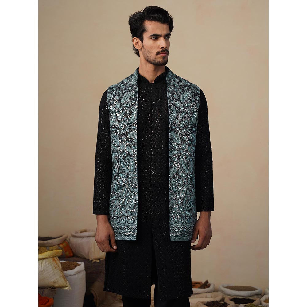 KALPRAAG Turquoise Sitara Ferozi Kurta with Nehru Jacket and Pant