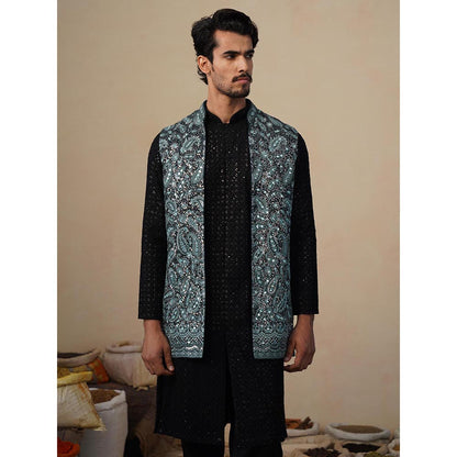 KALPRAAG Turquoise Sitara Ferozi Kurta with Nehru Jacket and Pant